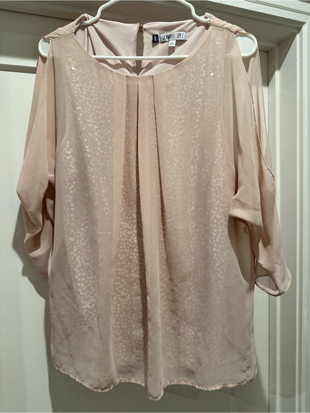 Jennifer Lopez Blush Sequin Cold-Shoulder Chiffon Blouse